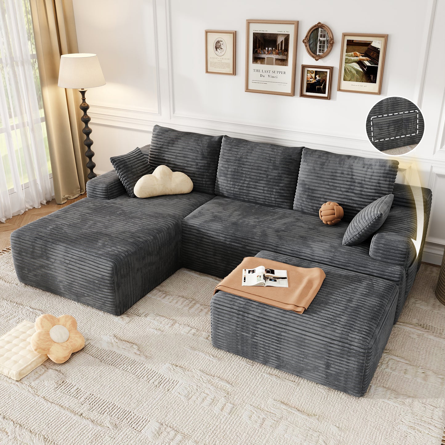Oversized Sofa Ottoman Footrest, Matching Cushion for L-Shaped Sofa to Create U-Shaped Sectional , Large Seat Stool, High Resilience Foam & Corduroy Fabric, for Living Room Bedroom, (Charcoal)