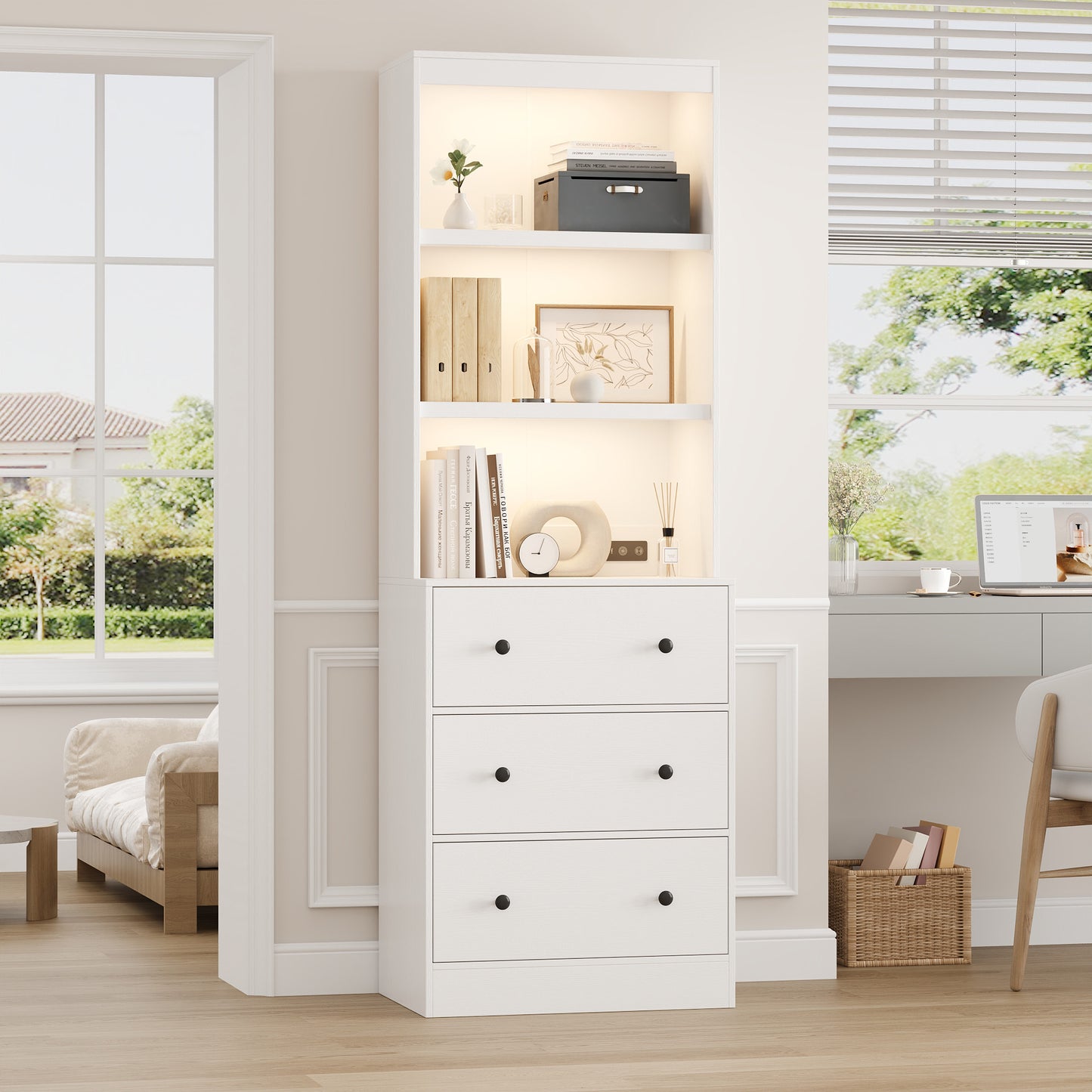 NEGYLIM 2PCS 71" Tall Bookcase with Sensor Lights, White Bookshelf with Charging Station, Bookshelves with 3 Large Drawers for Living Room Home Office