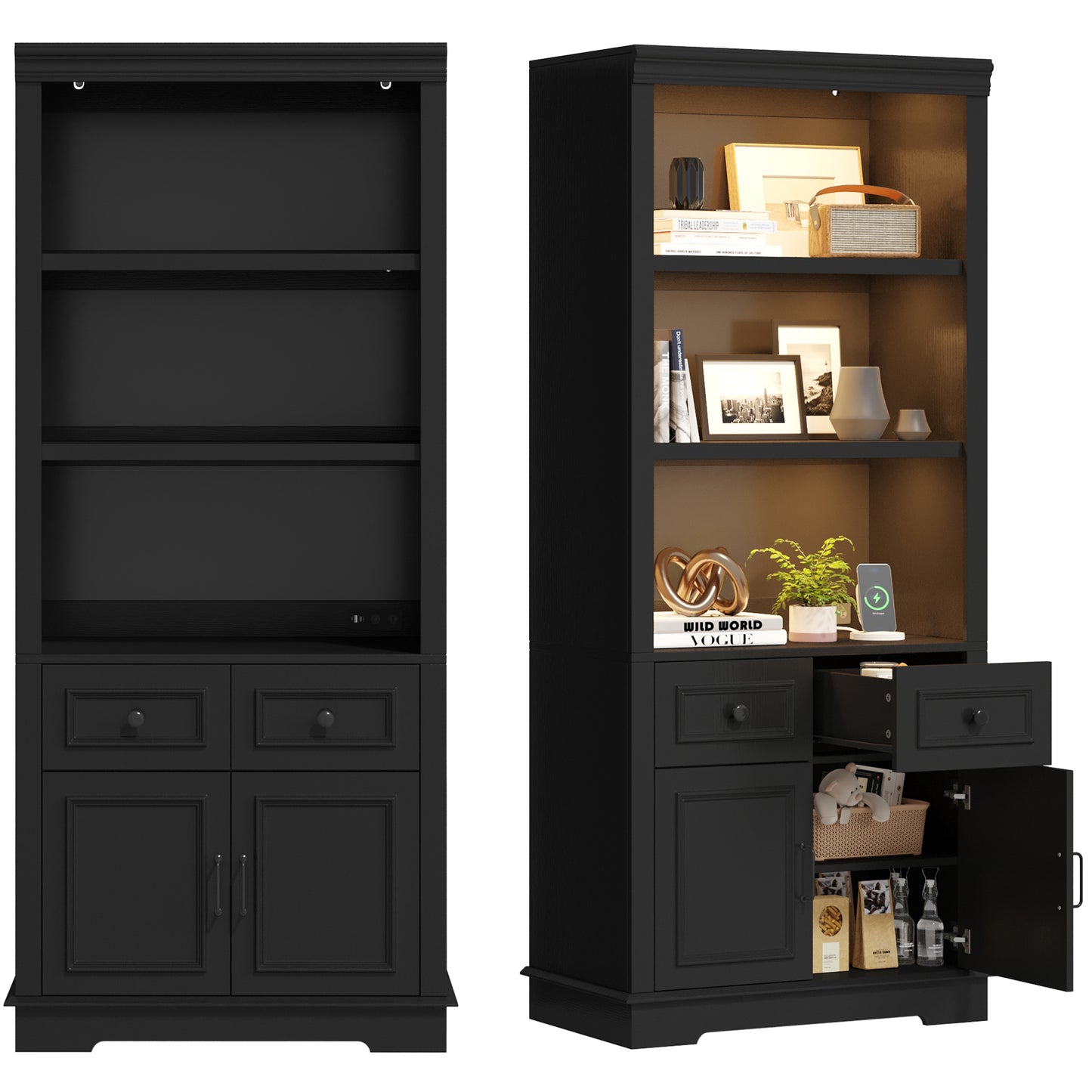 Negylim 71” Tall Lighted Coffee Bar Cabinet, Farmhouse Pantry Storage Hutch with Built-in LED Strip Lights, 3 Open Display Shelves, 2 Pull-Out Drawers & Closed Storage Cupboard, Black