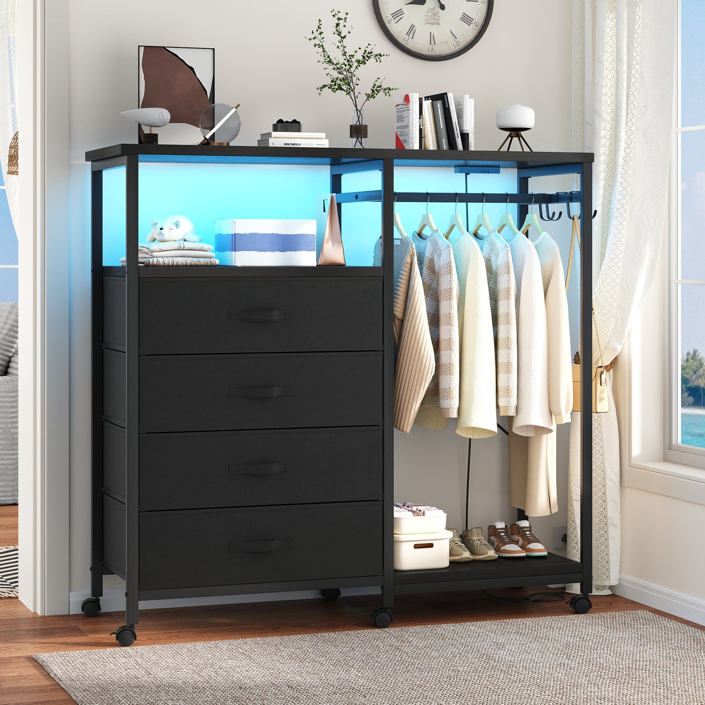 3-in-1 Dresser with Clothes Rack, 4 Drawers, Charging Station, LED Lights, and Wheels, Rustic Brown Storage Chest for Bedroom, Living Room, Hallway（Textured Matte Black）