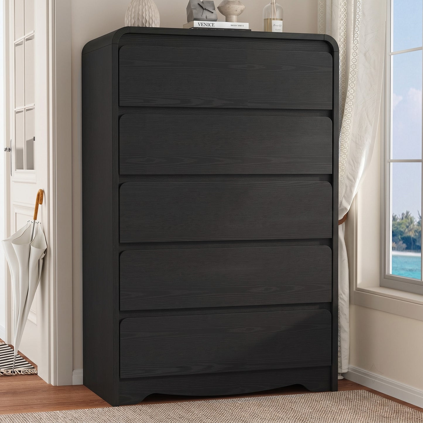 5 Drawer Tall Dresser – Modern Black Chest of Drawers with Anti-Tip, Space-Saving Storage for Bedroom, Hallway, Entryway (Black)