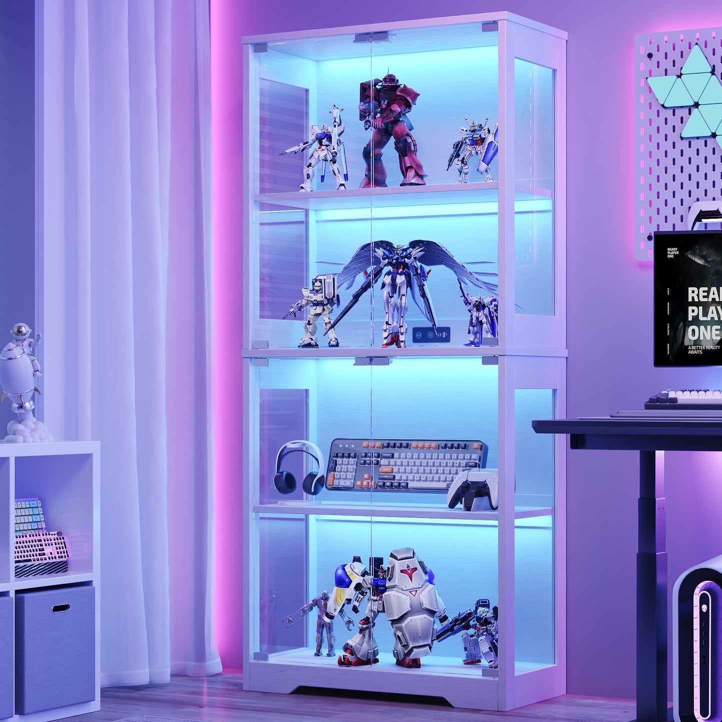 4 Tier LED Lighted Display Cabinet with Tempered Glass Doors, Dustproof Collectible Storage Shelf for Gundam Action Figures Gaming Accessories, Modern Tall Curio Showcase for Game Room Bedroom,White