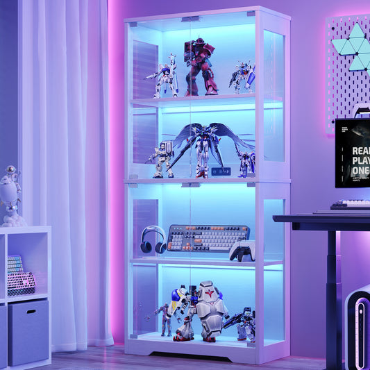4 Tier LED Lighted Display Cabinet with Tempered Glass Doors, Dustproof Collectible Storage Shelf for Gundam Action Figures Gaming Accessories, Modern Tall Curio Showcase for Game Room Bedroom,White