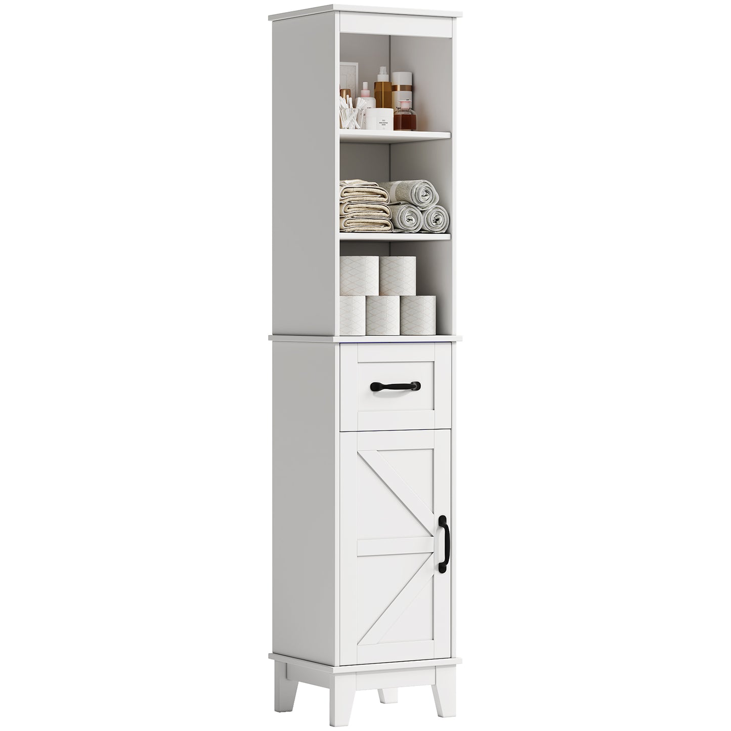 63” Tall Bathroom Storage Cabinet, Freestanding Linen Cabinet, Narrow Bathroom Storage with Barn Door and Drawer, White
