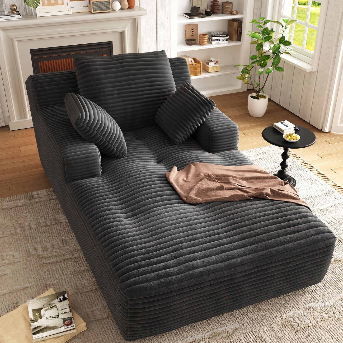 67'' Oversized Chaise Lounge Chair, Cloud Plush Corduroy Sofa Bed for Living Room, Modern Deep Seat Sleeper Couch with Back Cushion, No Assembly Required, (Deep Black)