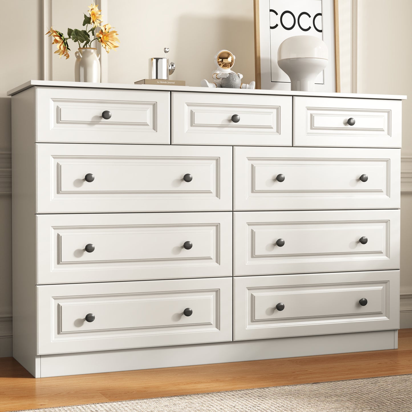 White 9-Drawer Dresser, 50.39" Wide 37.40" Tall Dresser with Anti-Tip Hardware, Retro Handles, Easy Assembly, Chest of Drawers for Bedroom, Wood Storage Cabinet for Living Room