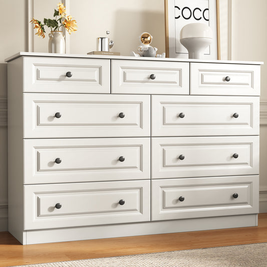 White 9-Drawer Dresser, 50.39" Wide 37.40" Tall Dresser with Anti-Tip Hardware, Retro Handles, Easy Assembly, Chest of Drawers for Bedroom, Wood Storage Cabinet for Living Room