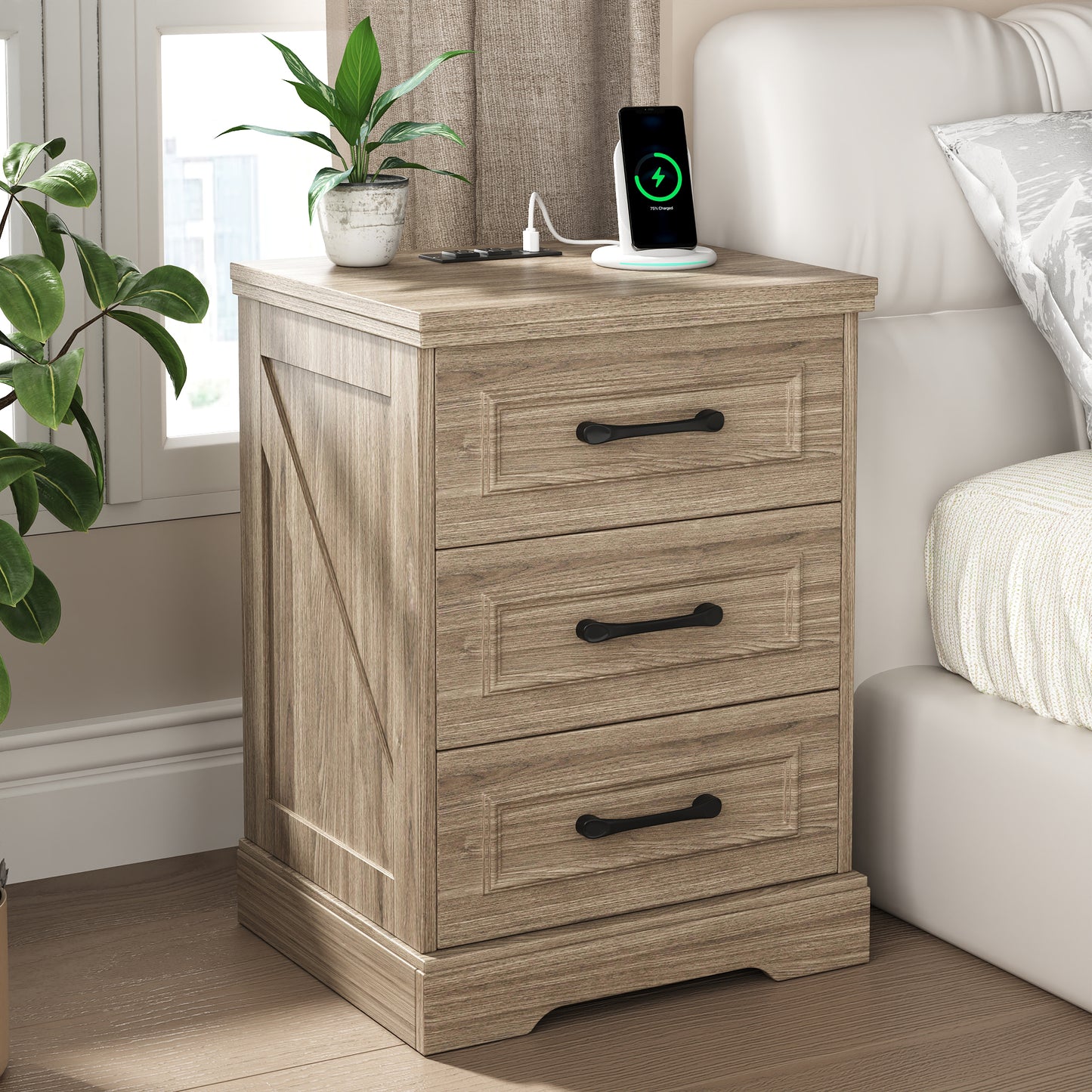 NEGYLIM Nightstand, Farmhouse End Table with Charging Station, 3 Drawers Storage for Bedroom
