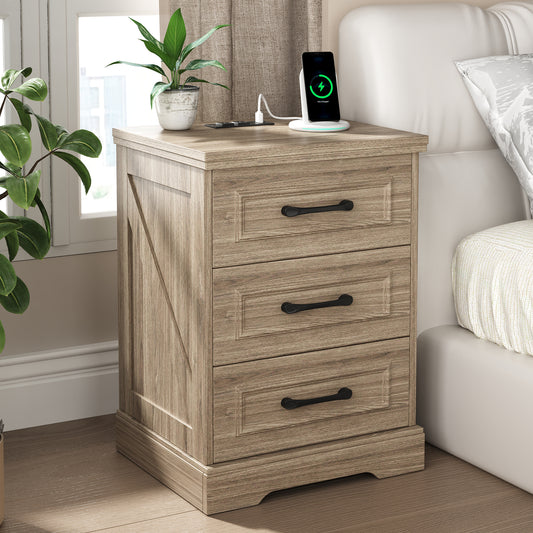NEGYLIM Nightstand, Farmhouse End Table with Charging Station, 3 Drawers Storage for Bedroom