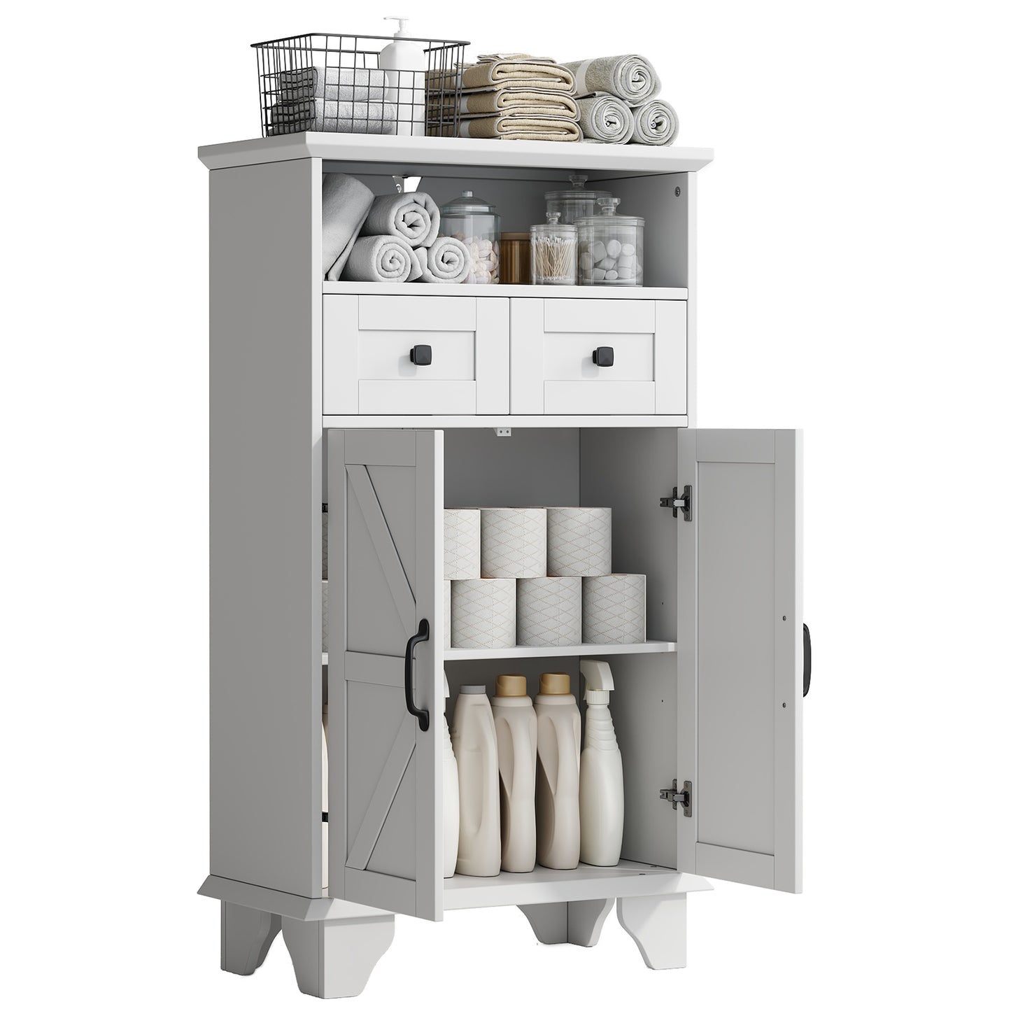 Bathroom Storage Cabinet, Farmhouse Bathroom Floor Cabinet freestanding with Doors and Drawers, 41.3"H Bathroom Organizer with Adjustable Shelf, White