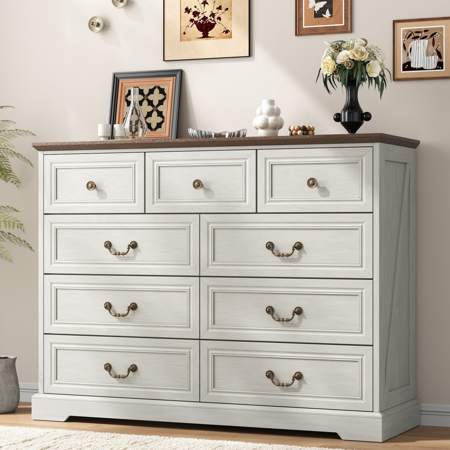 NEGYLIM 9 Drawers Dresser for Bedroom Dressers & Chest of Drawers with Vintage Handles,Long White Dresser for Living Room,Hallway,Study(Rustic White)