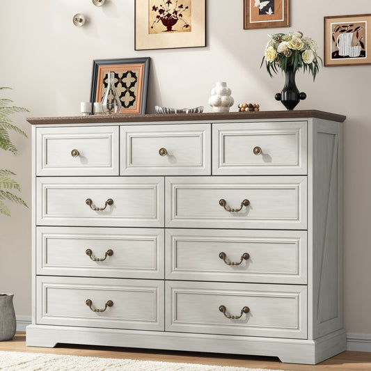 NEGYLIM 9 Drawers Dresser for Bedroom Dressers & Chest of Drawers with Vintage Handles,Long White Dresser for Living Room,Hallway,Study(Rustic White)