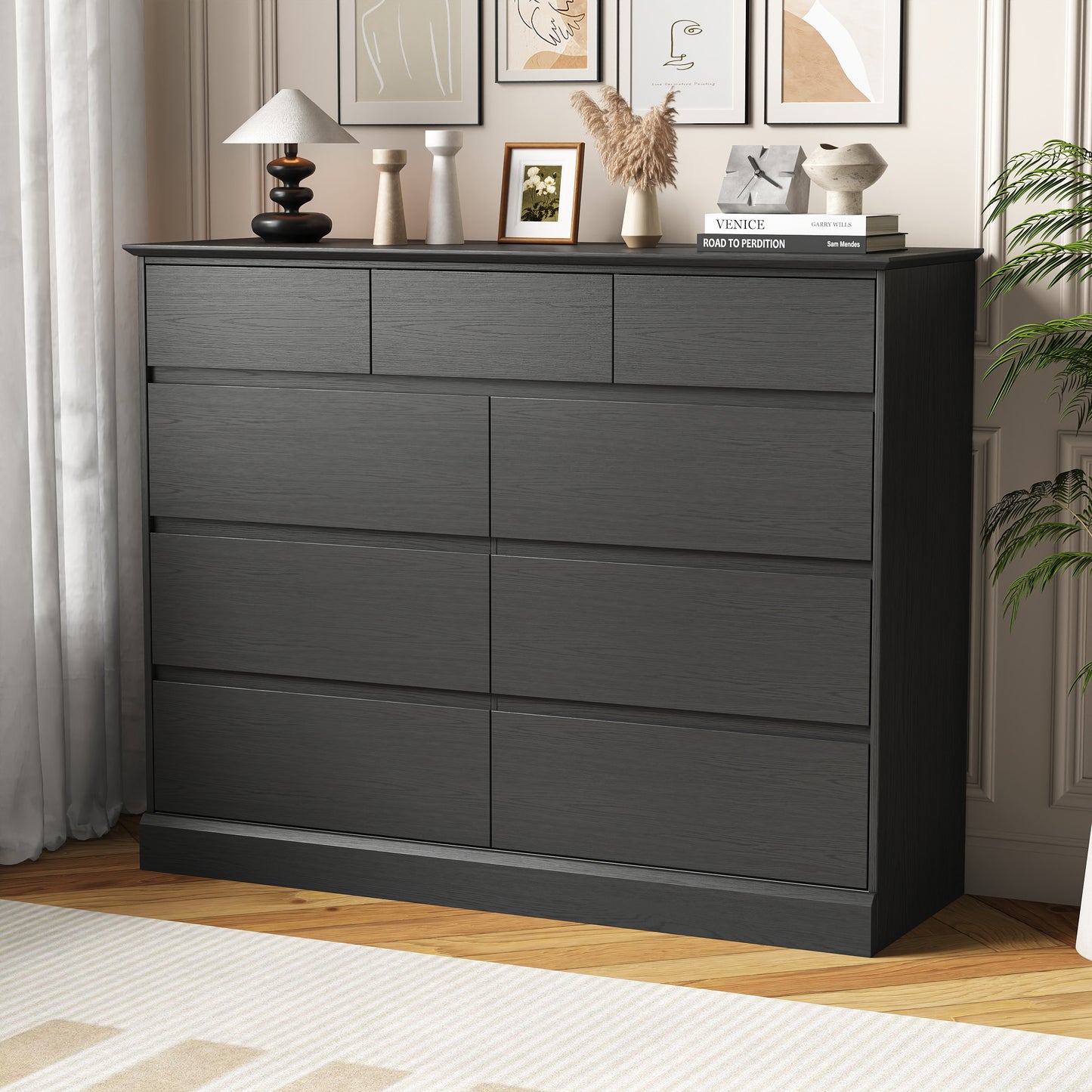 NEGYLIM 9 Drawer Dresser for Bedroom, White Dresser Chest of Drawers, Modern Wood Dressers with Deep Drawers for Living Room,Black