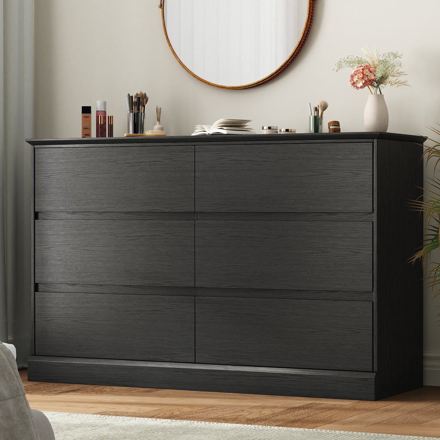 6 Drawer Dresser for Bedroom, White Dresser Double Chest of Drawers, Modern Wood Dressers with Deep Drawers for Living Room,Black