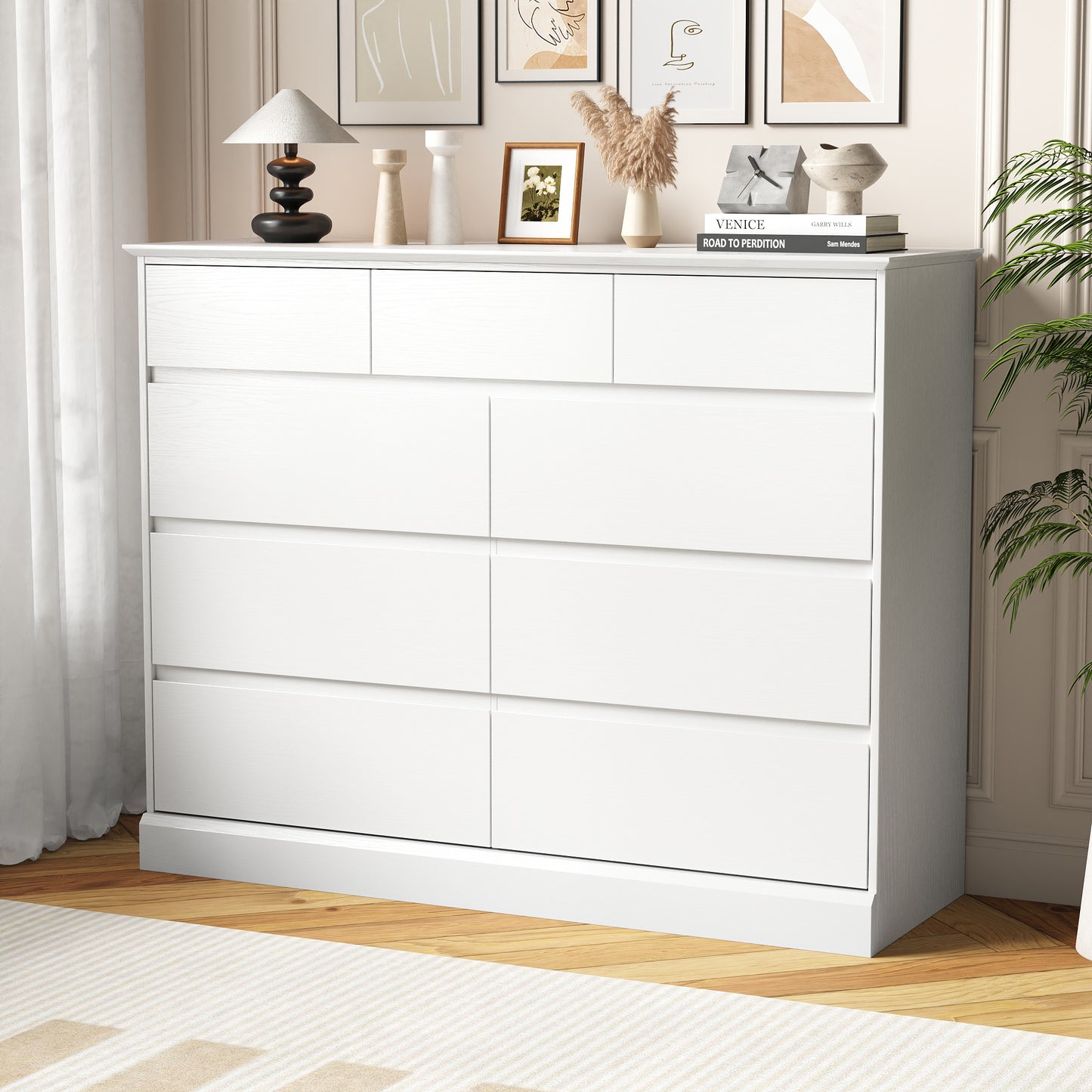 9 Drawers Dresser for Bedroom, Wood Chest of Drawers, Wide Closet Storage Dressers Organizer for Hallway, TV Stand for Living Room, White
