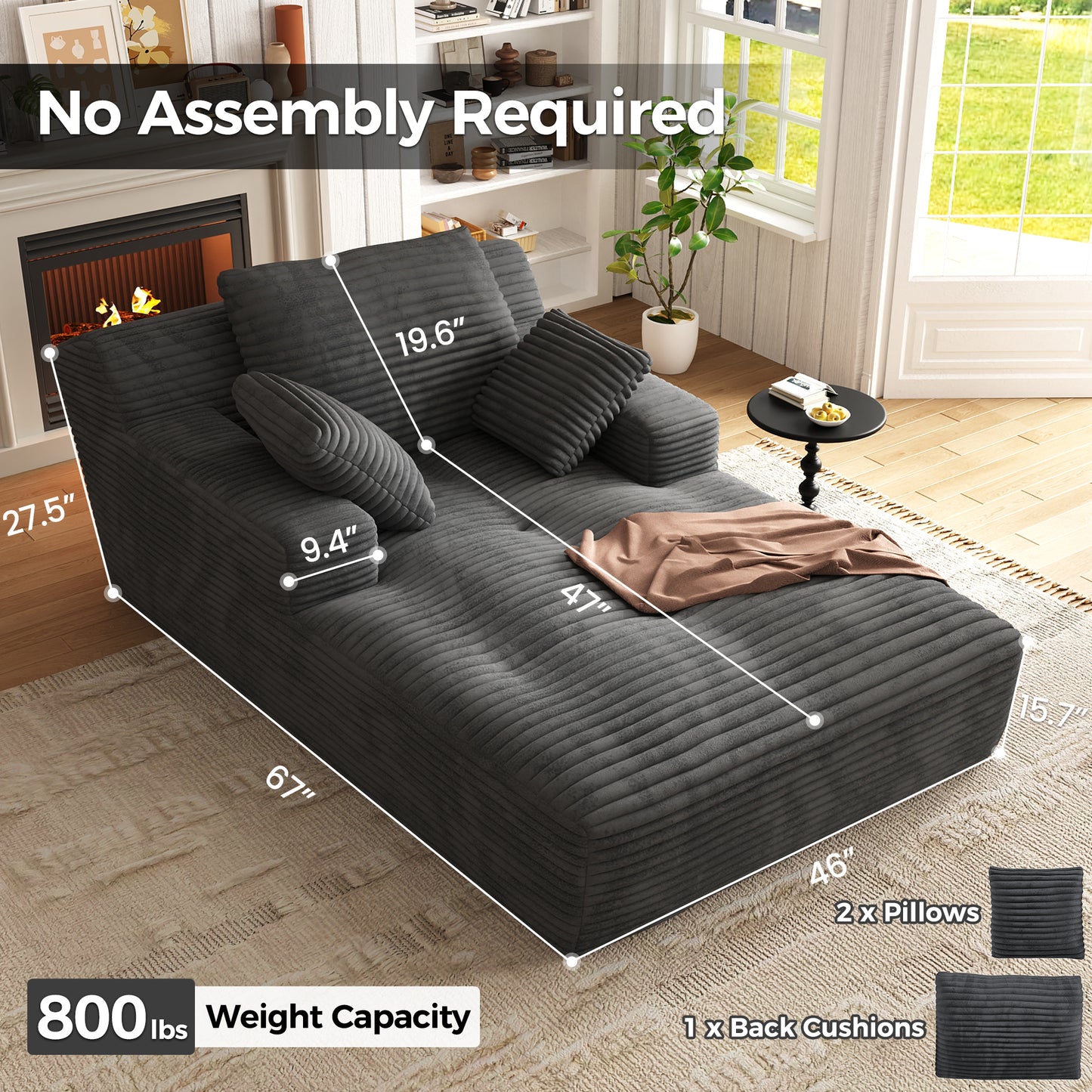 67'' Oversized Chaise Lounge Chair, Cloud Plush Corduroy Sofa Bed for Living Room, Modern Deep Seat Sleeper Couch with Back Cushion, No Assembly Required, (Charcoal)