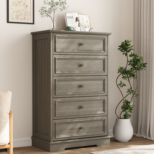 5 Drawer Dresser, Wood Chest of Drawers for Bedroom, Vintage Storage Cabinet Dresser Organizer Unit with Antique Bronze Round Handles for Living Room, Closet, Hallway, Entryway