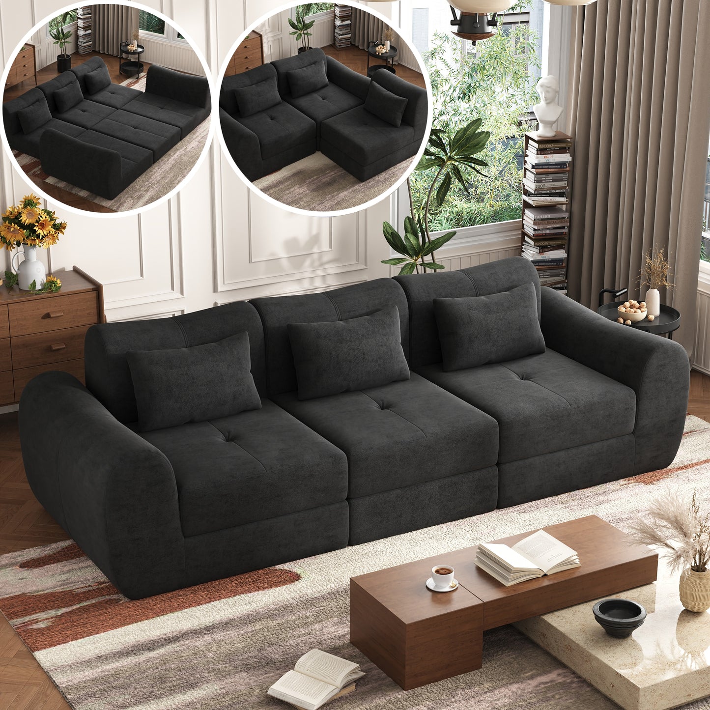 NEGYLIM 102" Modular Sectional Sofa, Chenille Cloud Sofa with Throw Pillows, Oversized Deep Seat Couch, Pet Friendly, No Assembly Required, Black