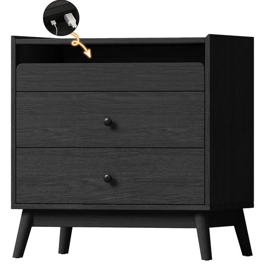 NEGYLIM 3-Drawer Nightstand with Hidden Charging Station, Wood Bedside Table 25" Height x 24" Width, Bedroom Furniture End Table, Black 1-Pcs