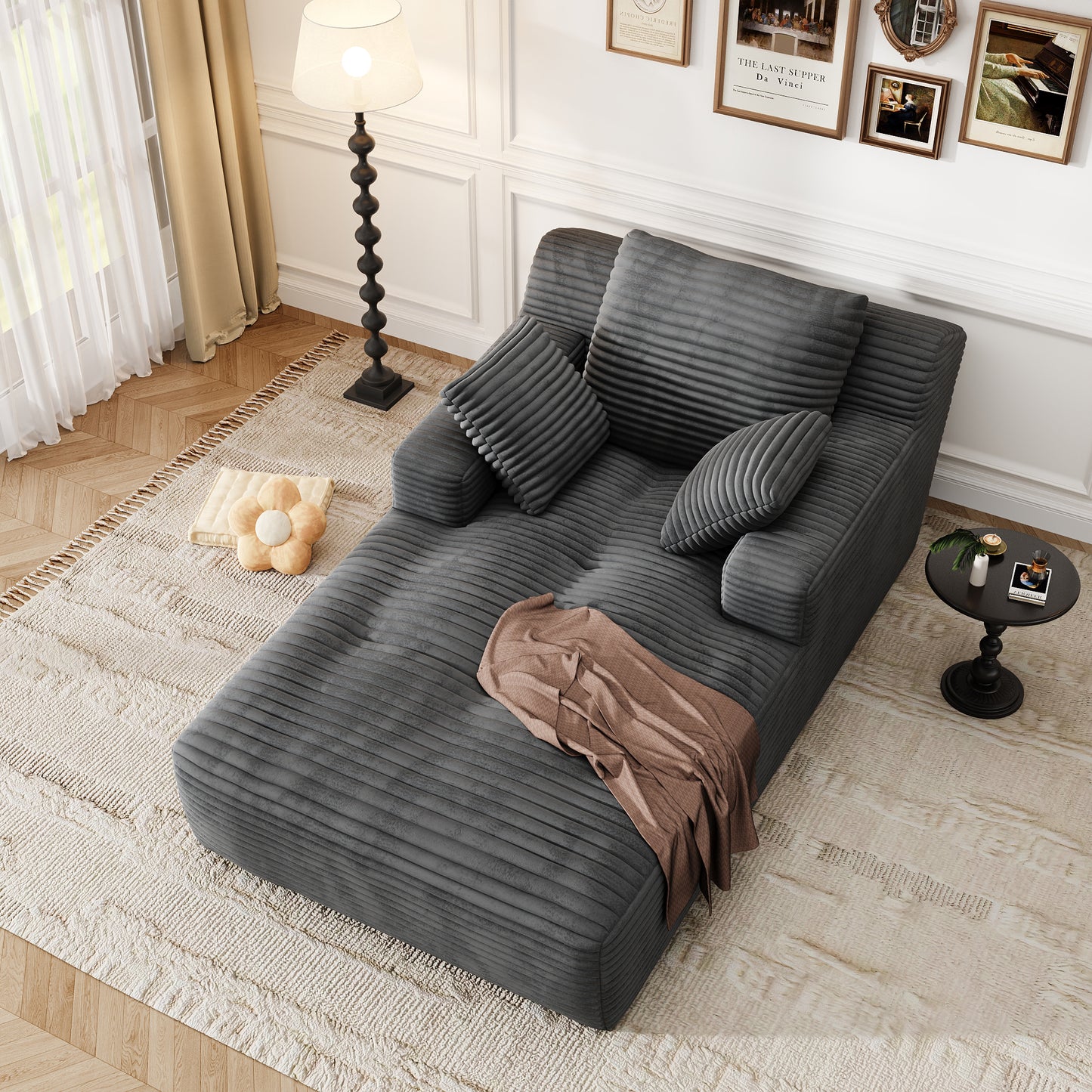 67'' Oversized Chaise Lounge Chair, Cloud Plush Corduroy Sofa Bed for Living Room, Modern Deep Seat Sleeper Couch with Back Cushion, No Assembly Required, (Charcoal)