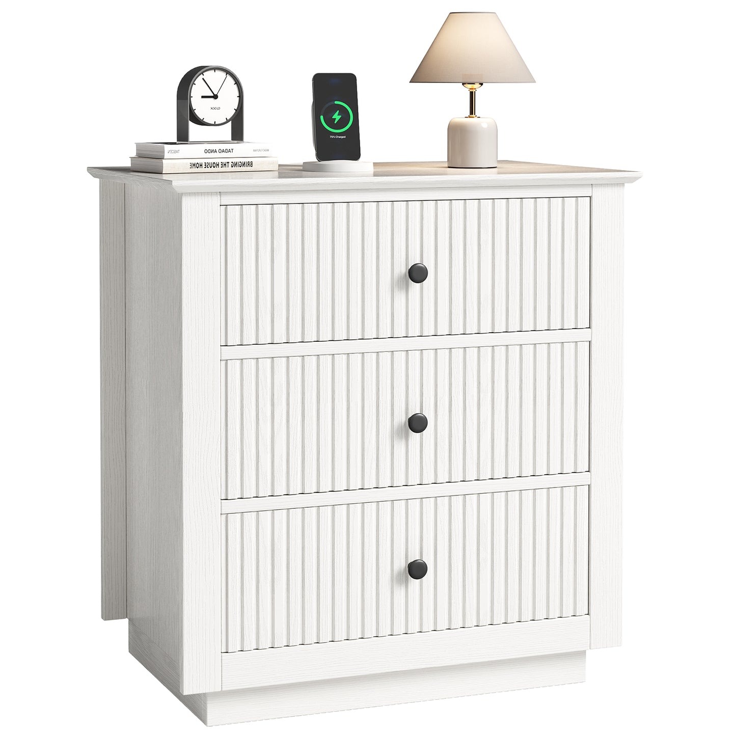 Modern Nightstand with Charging Station & 3 Drawers, 24 Inch Wide Bedside Table Set of 2 for Bedroom and Living Room, Large Storage End Table with Fluted Design, Green