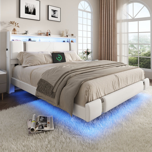 NEGYLIM Floating Bed Frame Queen Size with LED Lights, Easy to Assemble, Metal Platform Bed with Storage Headboard, No Box Spring Needed, White
