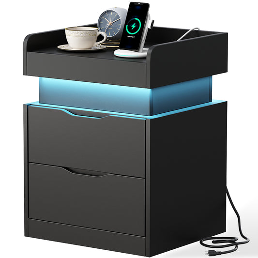 NEGYLIM Bedside Table, Modern Style, with 3 Drawers, Large Capacity, Multi-Color LED Lights & Charging Station, Bedroom Side Table