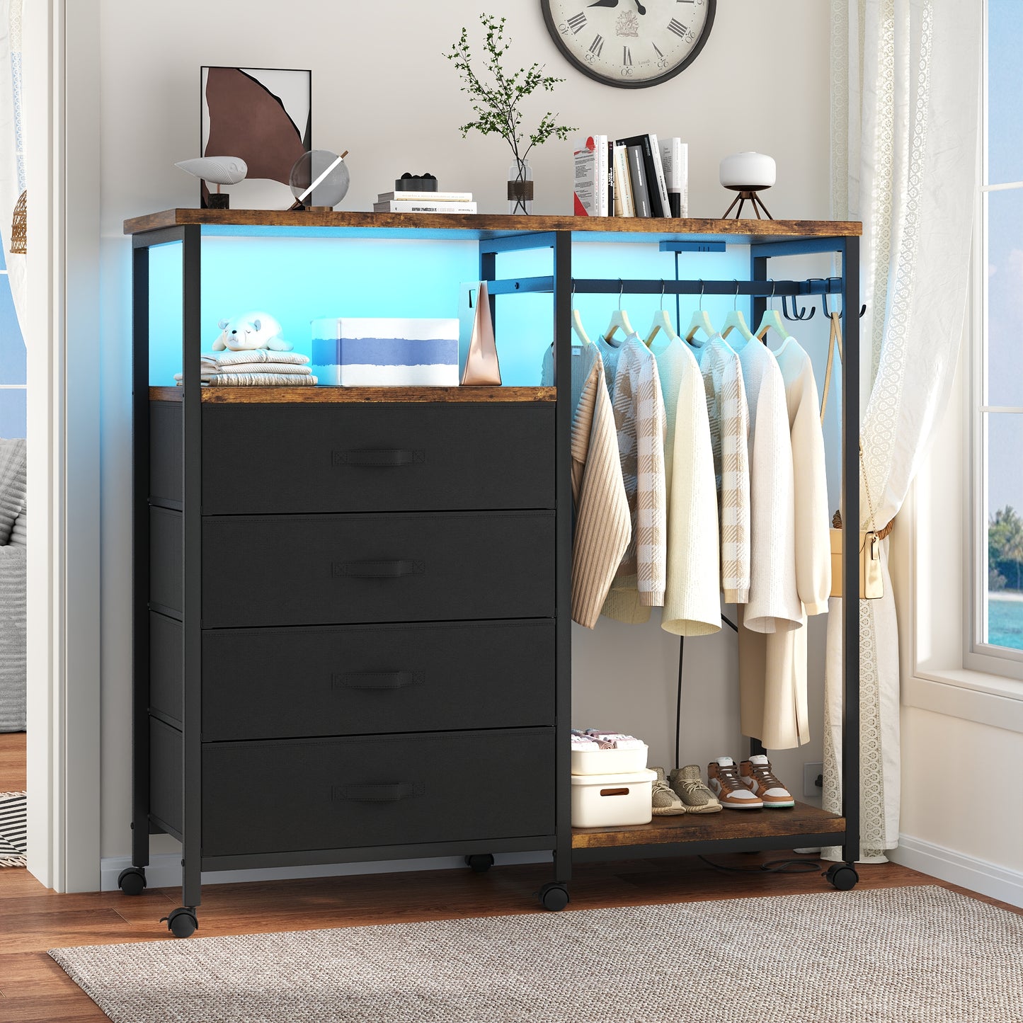 3-in-1 Dresser with Clothes Rack, 4 Drawers, Charging Station, LED Lights, and Wheels, Rustic Brown Storage Chest for Bedroom, Living Room, Hallway（Ember Brown）