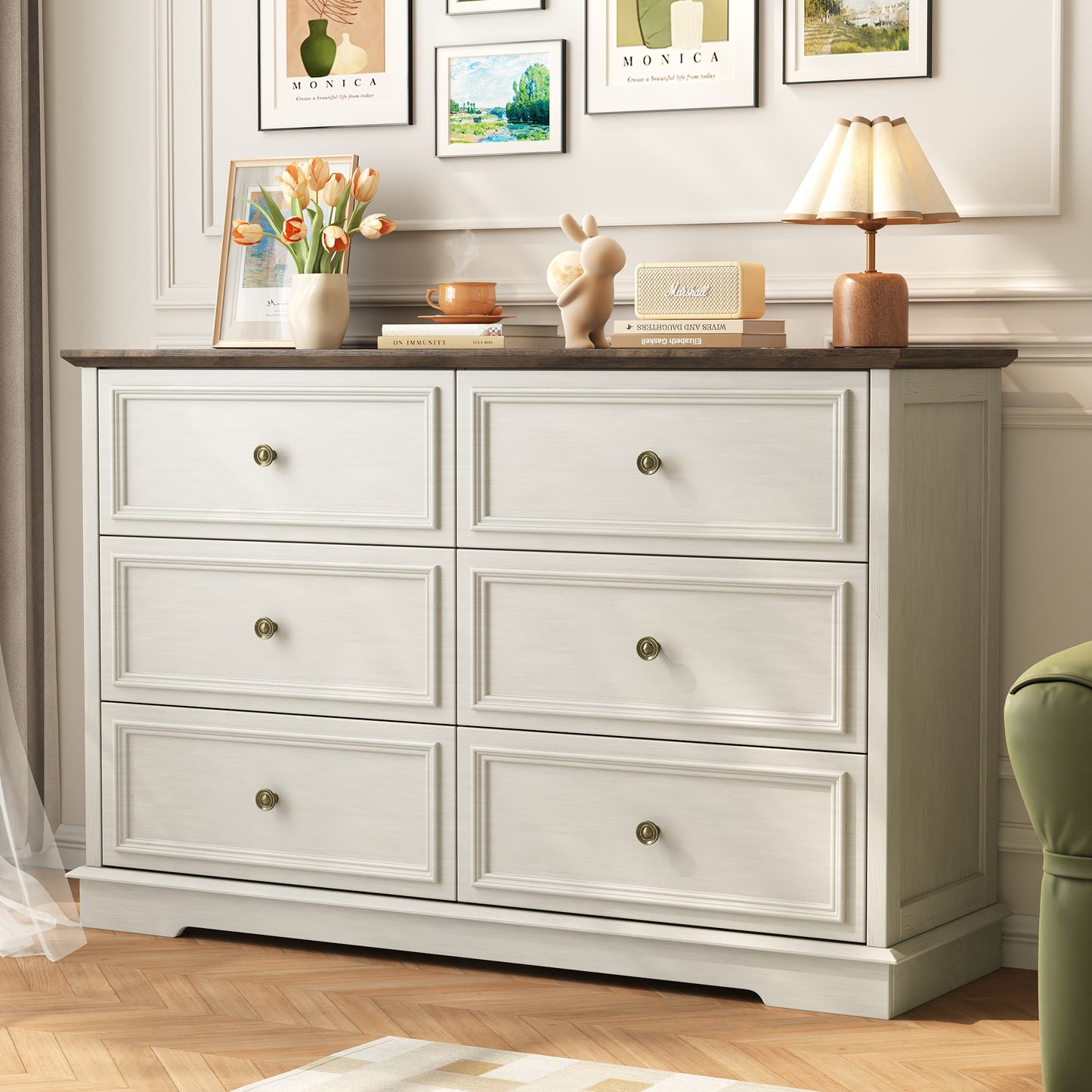 6 Drawer Dresser for Bedroom, 50.4" * 15.7" * 35.8" Retro Style Chest of Drawers, Wood Storage Double Dresser with Deep Drawers for Living Room, Hallway Entryway