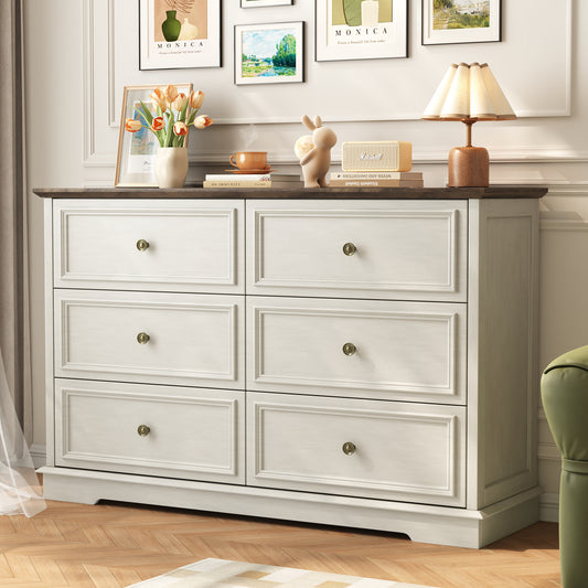 6 Drawer Dresser for Bedroom, 50.4" * 15.7" * 35.8" Retro Style Chest of Drawers, Wood Storage Double Dresser with Deep Drawers for Living Room, Hallway Entryway