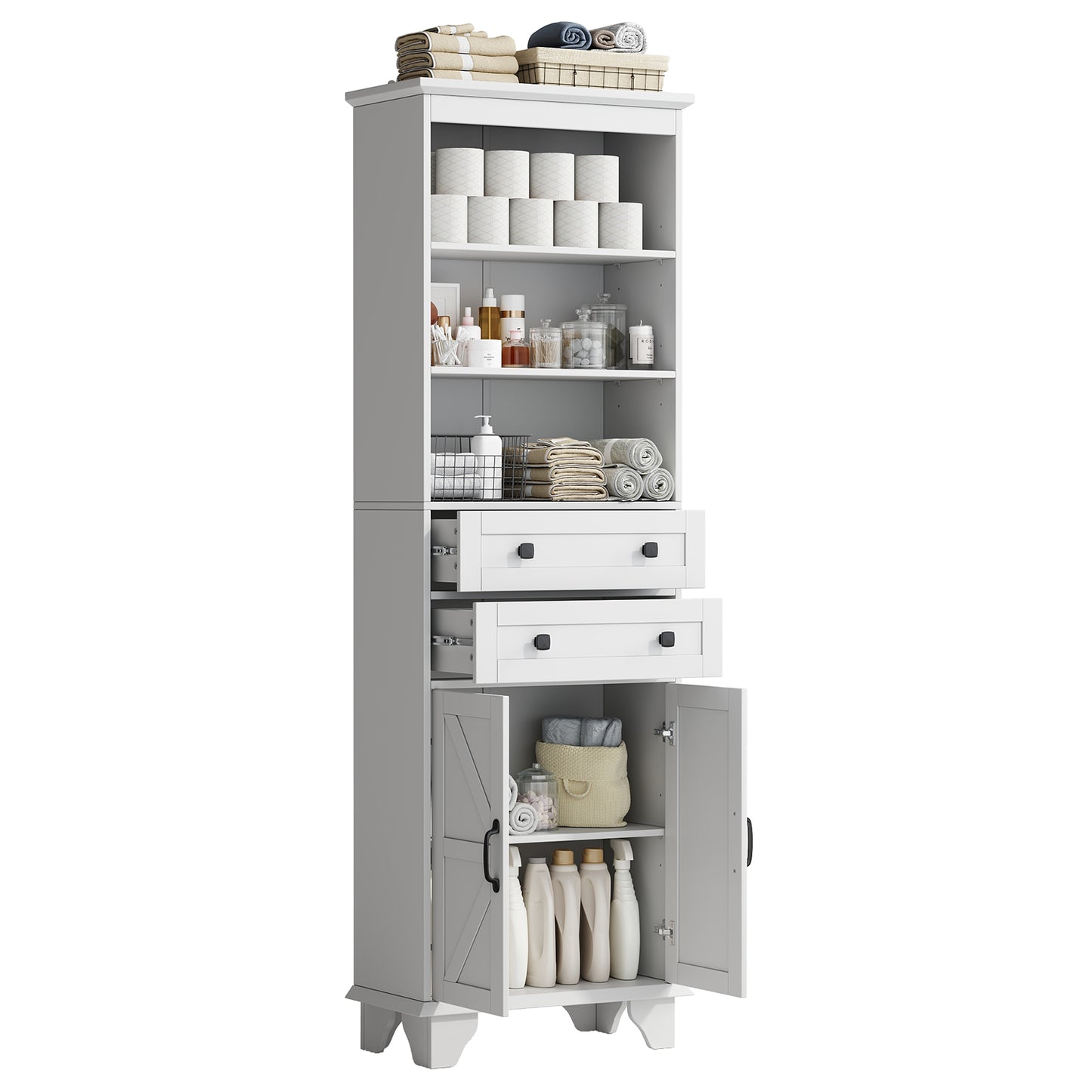 NEGYLIM 72" Tall Bathroom Storage Cabinet, Freestanding Cabinet with Adjustable Shelves, Large Bathroom Pantry Cabinet with 2 Drawers for Living Room, Kitchen, Dining Room, Office, White