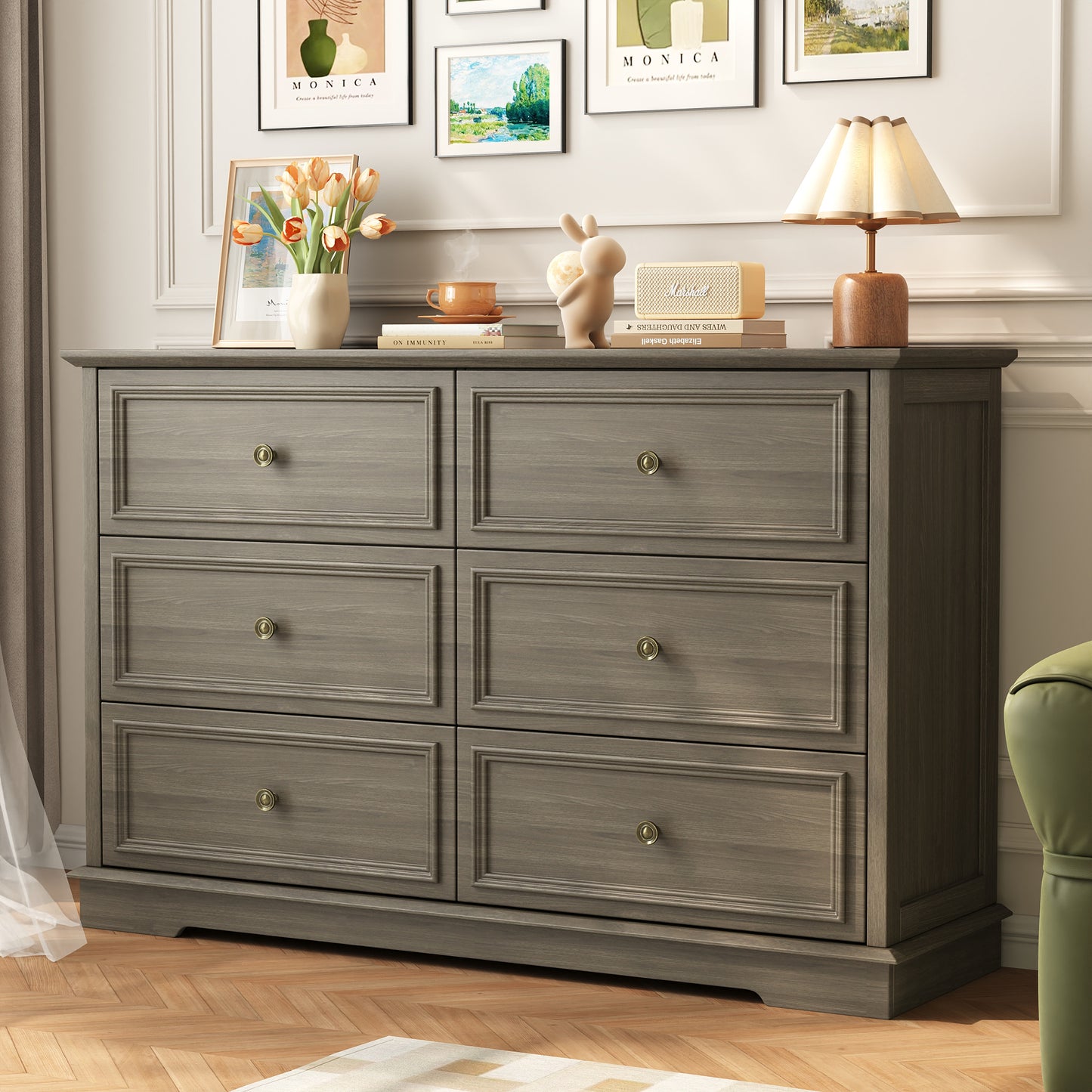 6 Drawer Chest of Drawers, Modern Storage Cabinet Dresser Organizer Unit with Antique Bronze Round Handles for Living Room, Closet, Hallway, Entryway
