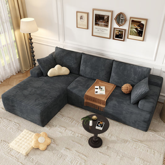104" Modular L-Shaped Sectional Sofa, No Assembly Required Boneless Sofa with Chaise, High Resilience Foam & Corduroy Fabric, for Living Room Bedroom,(Black Grey)