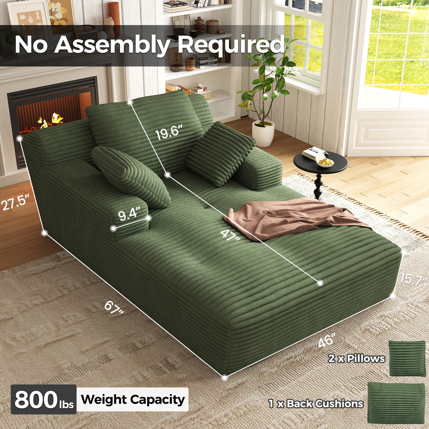 67'' Oversized Chaise Lounge Chair, Cloud Plush Corduroy Sofa Bed for Living Room, Modern Deep Seat Sleeper Couch with Back Cushion, No Assembly Required, (Sage Green)