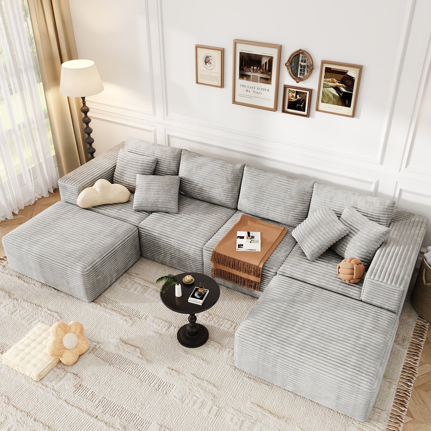 137 inch U-Shaped Sectional Sofa, Cloud-Like Big Modular Couch with Chaise, No Assembly Required, High Density Foam Never Sags, Soft Corduroy Fabric Sofa for Large Space, (White)