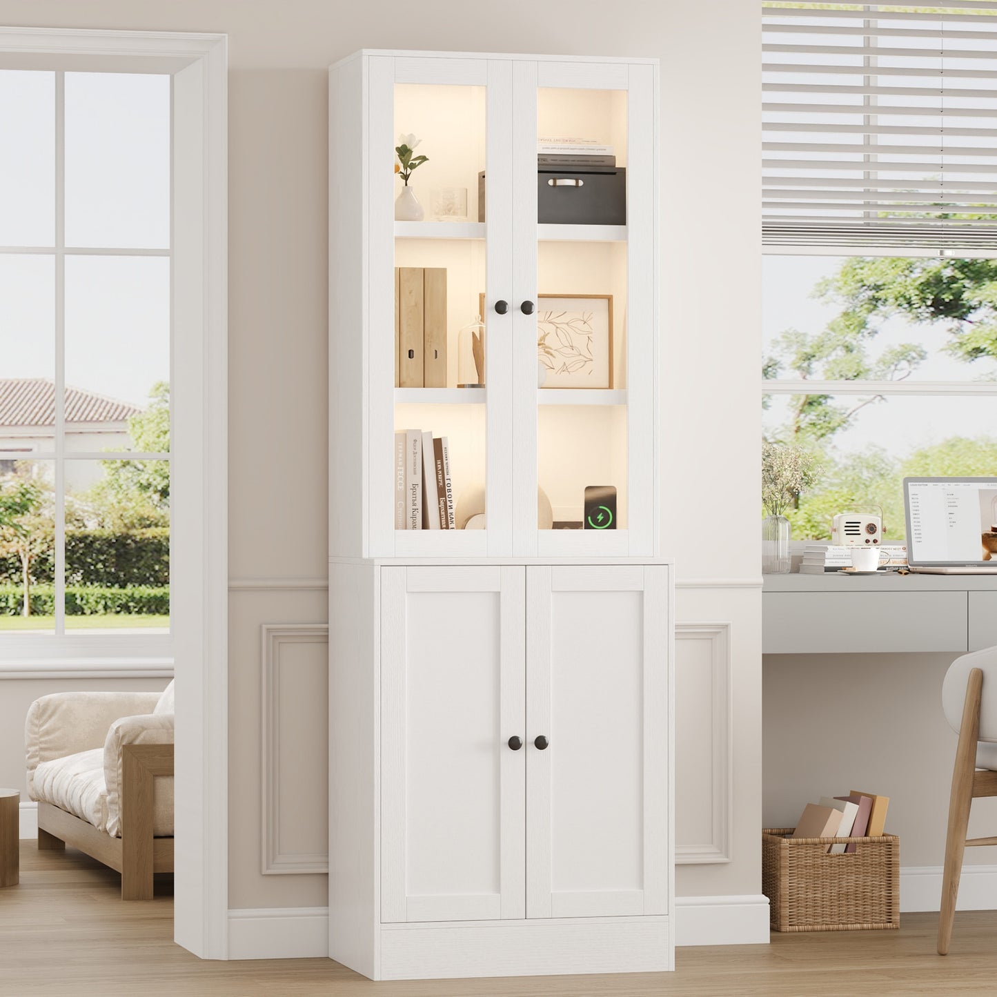 2Pcs 71" Bookshelf with Storage, Modern Bookshelves with 3 Large Drawer, Display Bookcase with Glass Doors, Modern DIY Mix Cabinet for Home Office, Dining Room (White, BA)