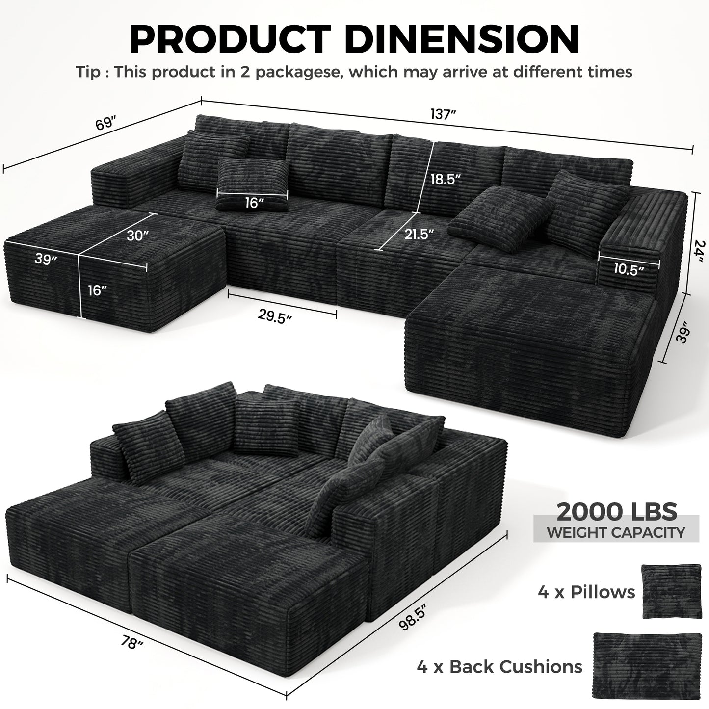 137 inch U-Shaped Sectional Sofa, Cloud-Like Big Modular Couch with Chaise, No Assembly Required, High Density Foam Never Sags, Soft Corduroy Fabric Sofa for Large Space, (Black)