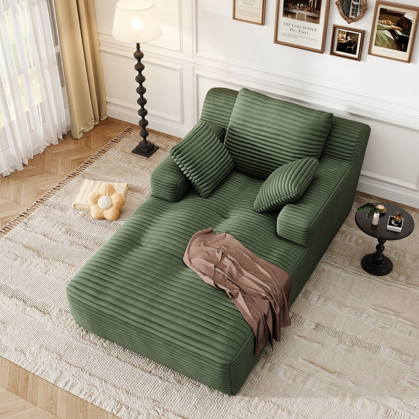 67'' Oversized Chaise Lounge Chair, Cloud Plush Corduroy Sofa Bed for Living Room, Modern Deep Seat Sleeper Couch with Back Cushion, No Assembly Required, (Sage Green)