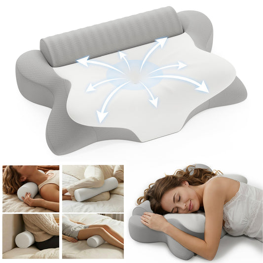 NEYGLIM 2PCS Cervical Neck Pillows with Detachable Cervical Neck Roll for Neck & Shoulder Pain Relief, Pregnancy Pillows with Cooling Cover for Improves Sleep,  Gray