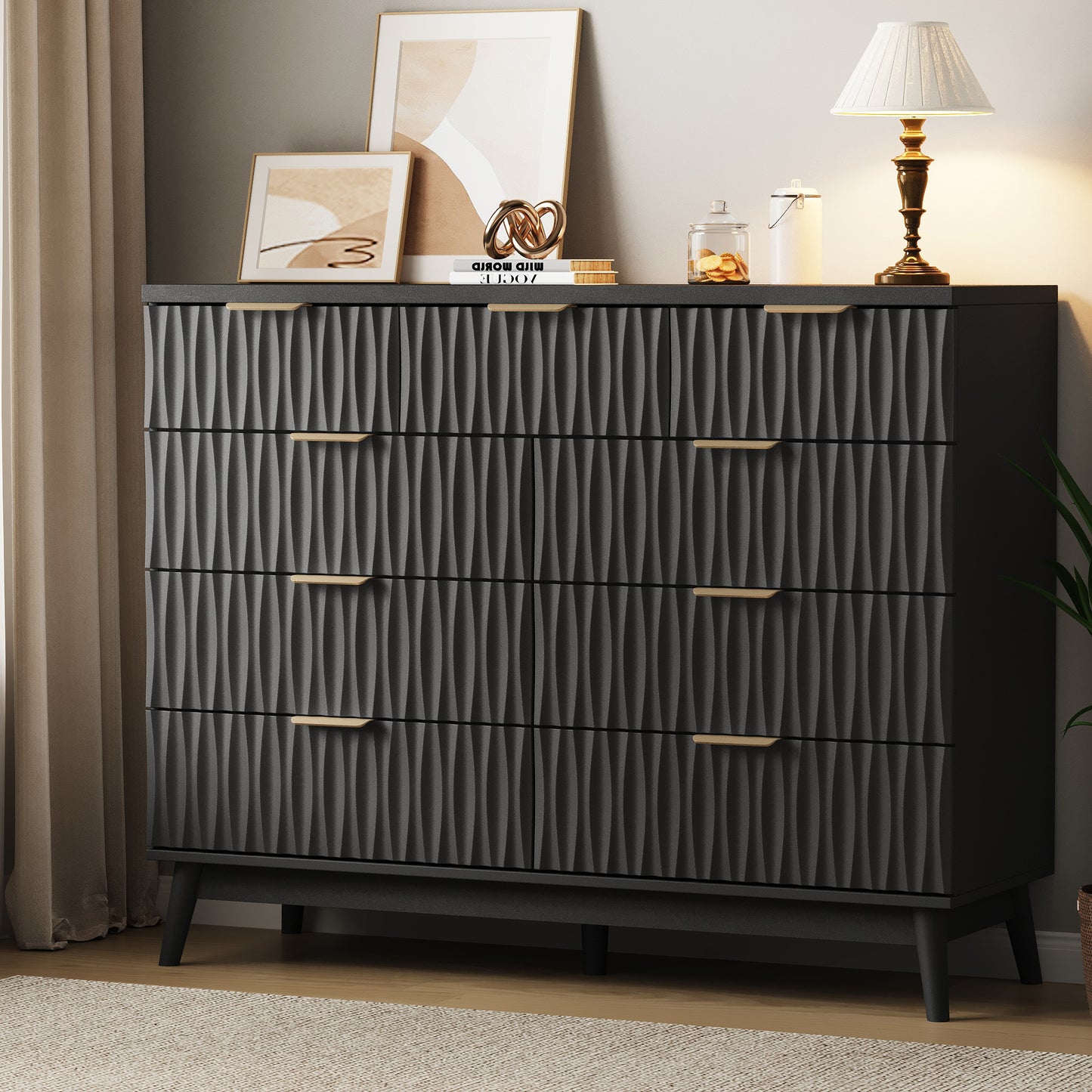 NEGYLIM 47" Wood Dressers with 9 Drawers for Bedroom, Fluted Wood Dresser Chest of Drawers for Bedroom, Storage Cabinet for TV Stand, Living Room, Entryway, Black