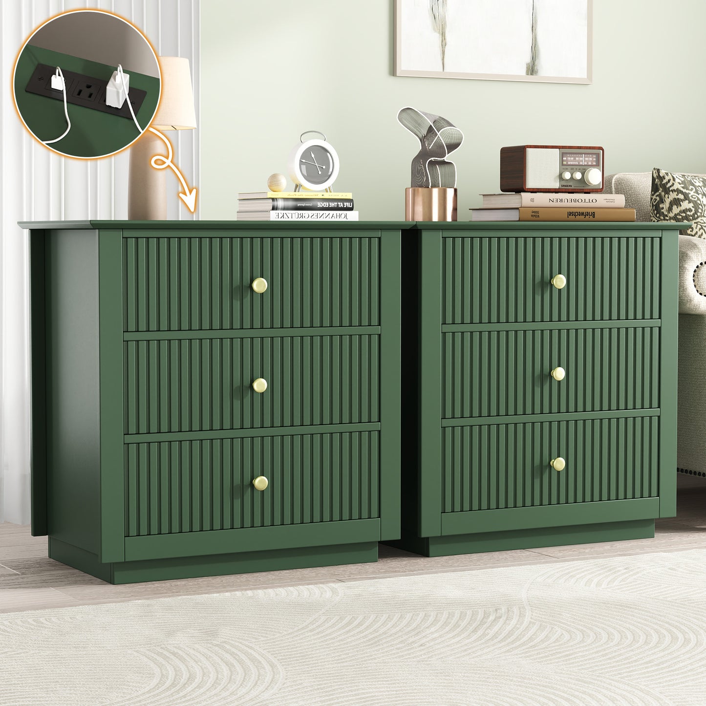 Modern Nightstand with Charging Station & 3 Drawers, 24 Inch Wide Bedside Table Set of 2 for Bedroom and Living Room, Large Storage End Table with Fluted Design, Green