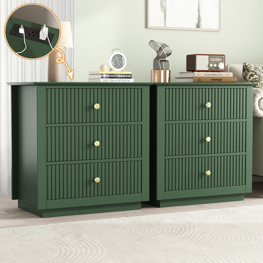 Modern Nightstand with Charging Station & 3 Drawers, 24 Inch Wide Bedside Table Set of 2 for Bedroom and Living Room, Large Storage End Table with Fluted Design, Green