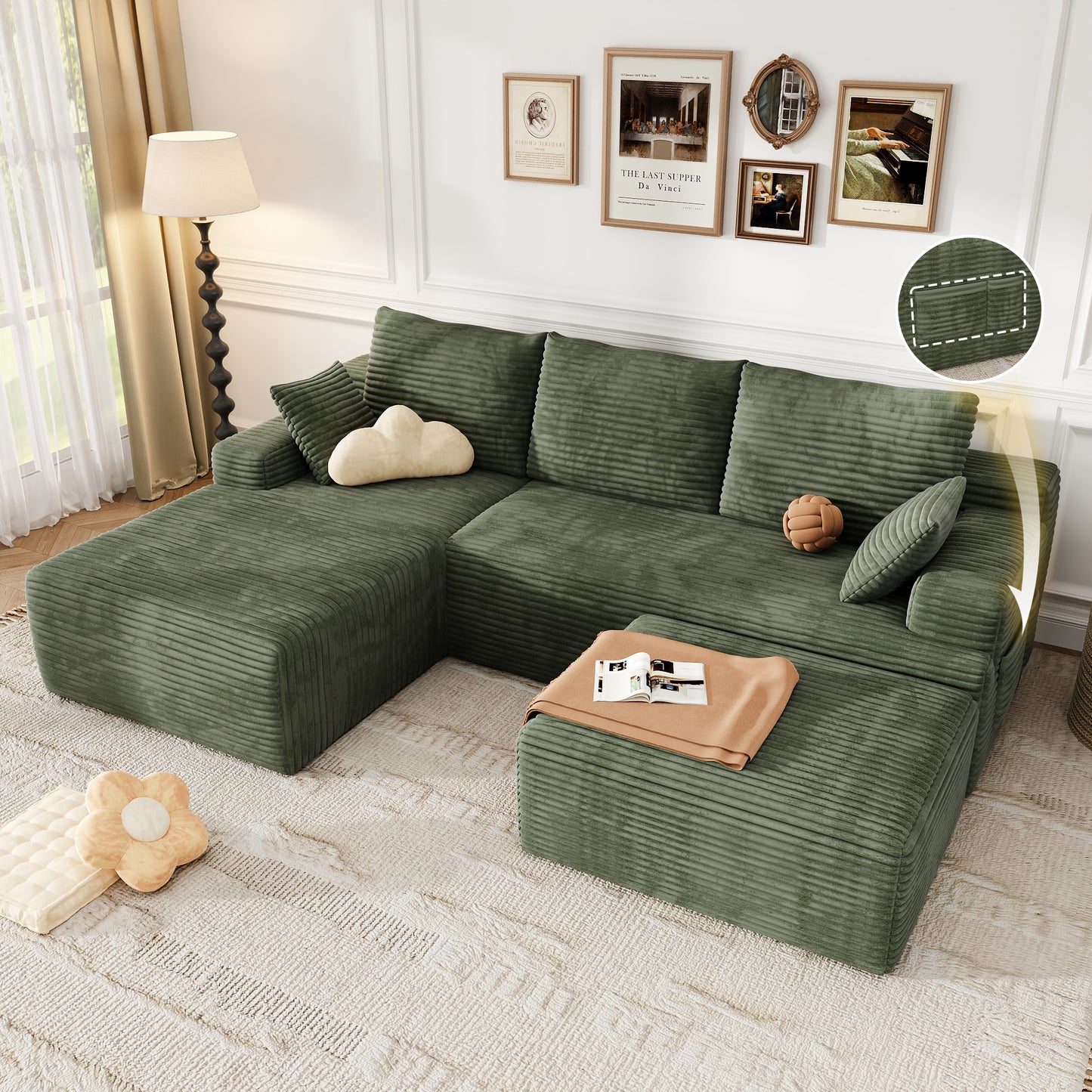 Oversized Sofa Ottoman Footrest, Matching Cushion for L-Shaped Sofa to Create U-Shaped Sectional , Large Seat Stool, High Resilience Foam & Corduroy Fabric, for Living Room Bedroom, (Sage Green)