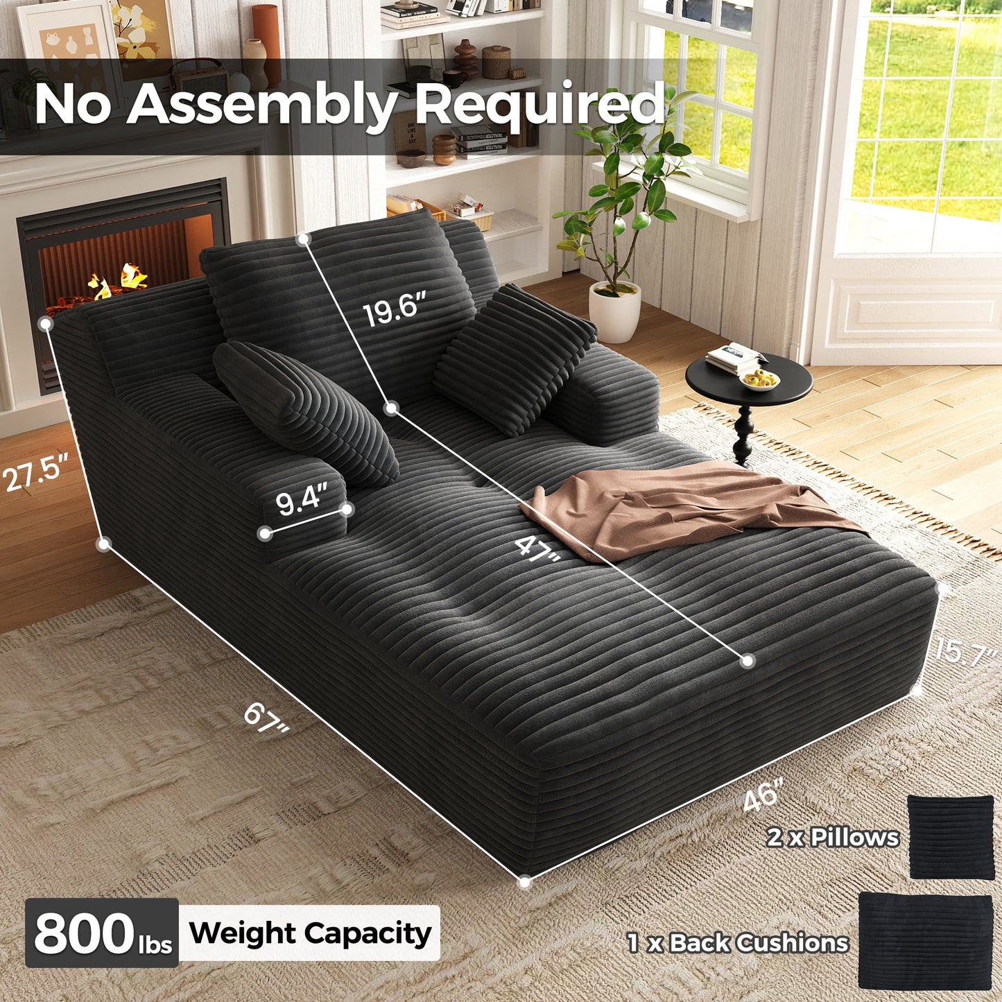 67'' Oversized Chaise Lounge Chair, Cloud Plush Corduroy Sofa Bed for Living Room, Modern Deep Seat Sleeper Couch with Back Cushion, No Assembly Required, (Deep Black)