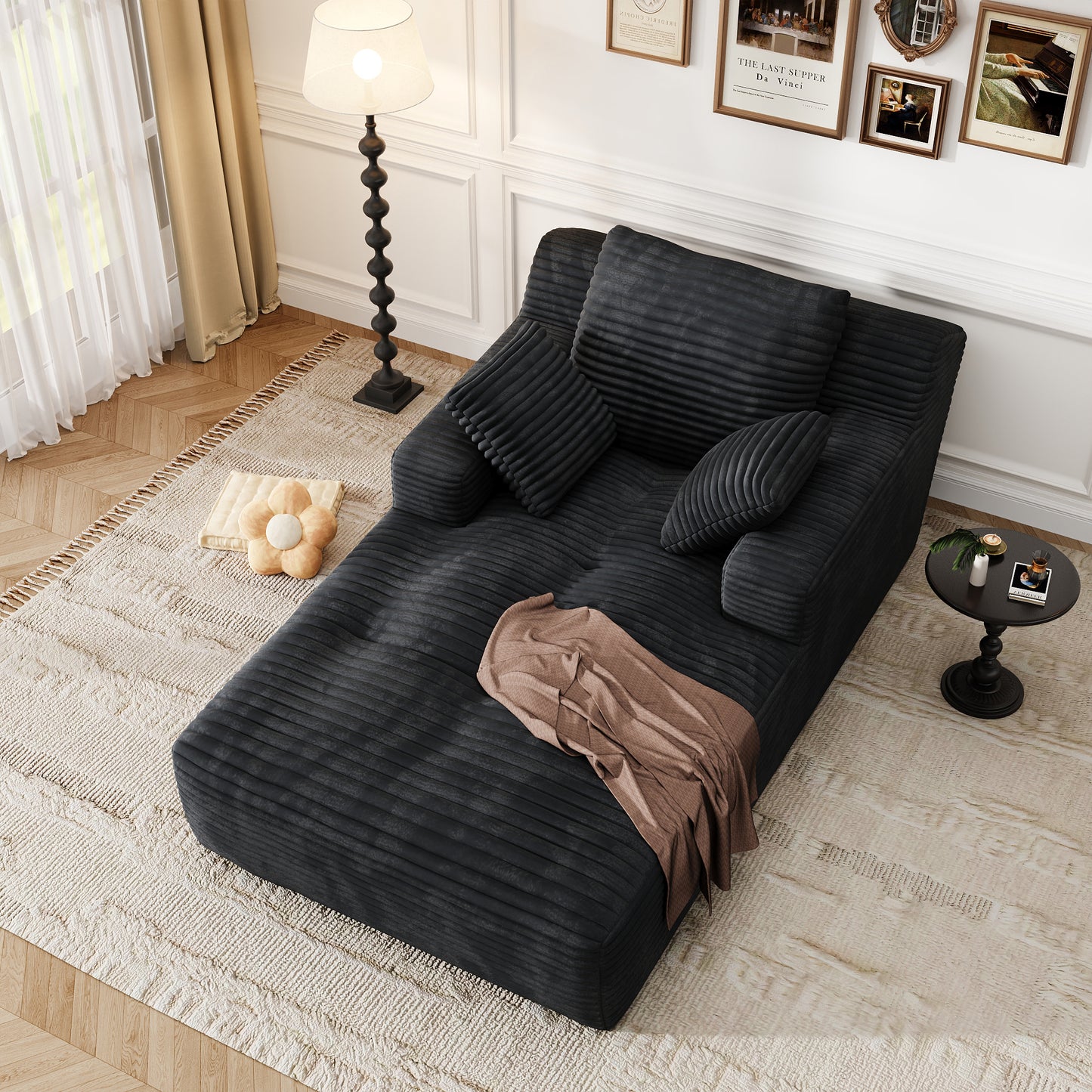 67'' Oversized Chaise Lounge Chair, Cloud Plush Corduroy Sofa Bed for Living Room, Modern Deep Seat Sleeper Couch with Back Cushion, No Assembly Required, (Deep Black)