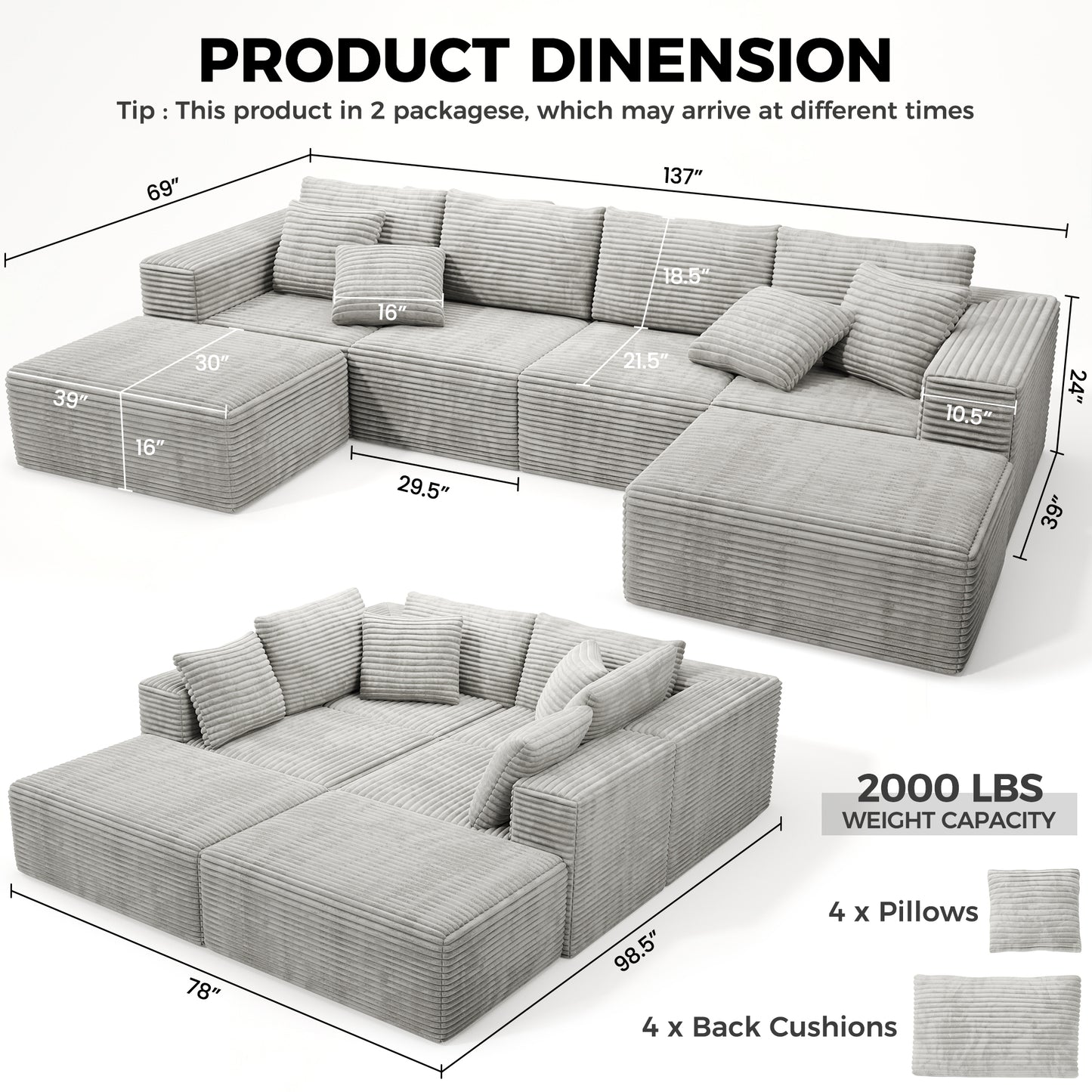 137 inch U-Shaped Sectional Sofa, Cloud-Like Big Modular Couch with Chaise, No Assembly Required, High Density Foam Never Sags, Soft Corduroy Fabric Sofa for Large Space, (White)