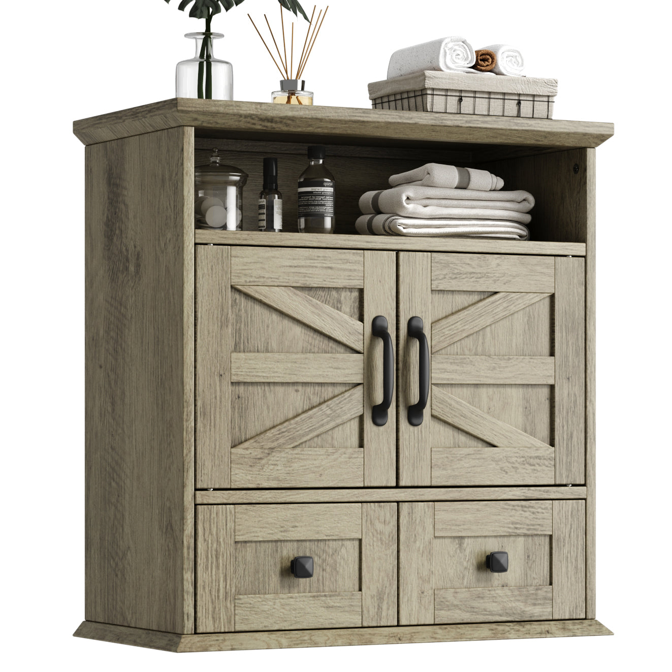 NEGYLIM Wall-Mounted Bathroom Cabinet with Barn Doors, Adjustable Shelf, 2 Drawers, Rustic Modern Style Storage Organizer for Toilet, Bathroom, Laundry Room