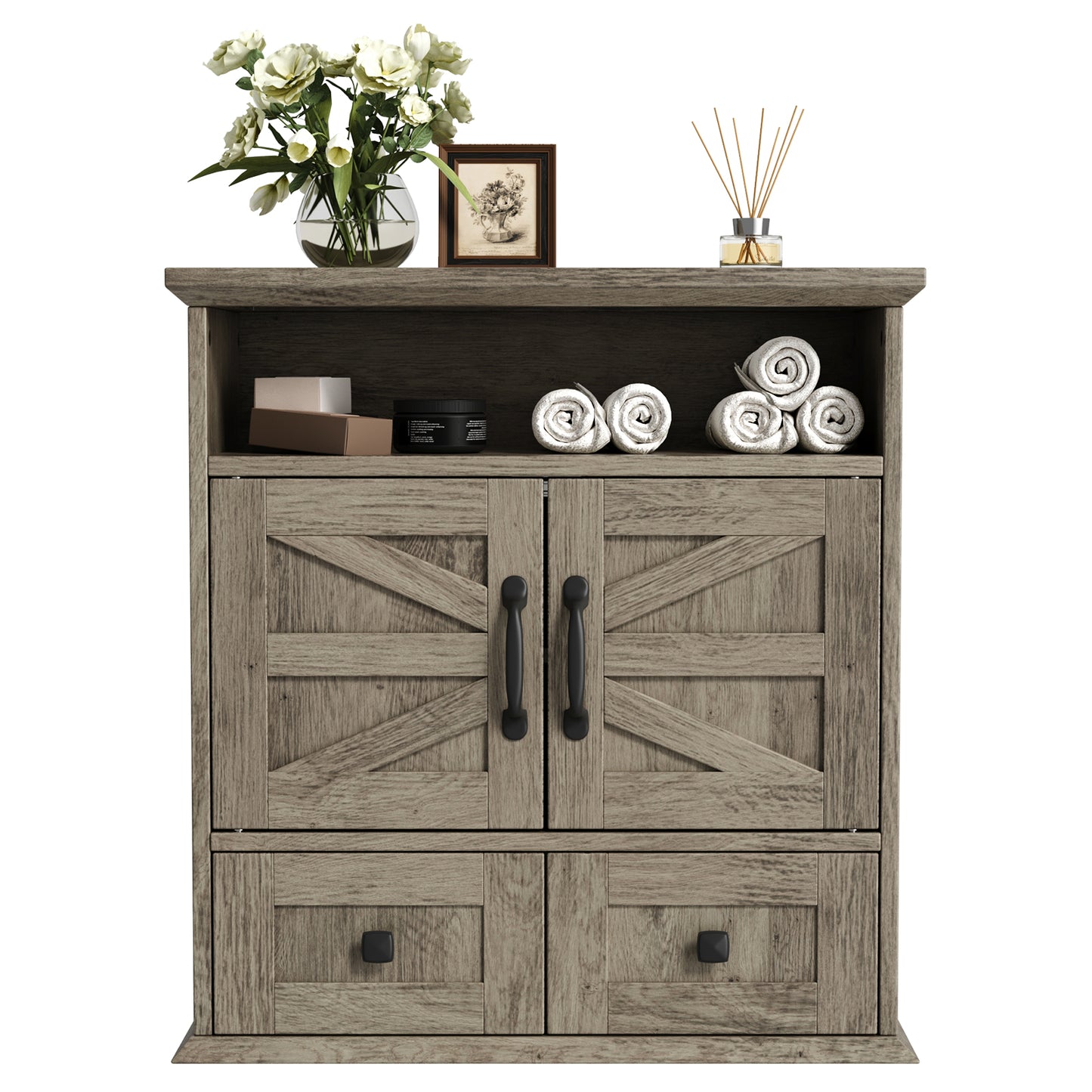 NEGYLIM Wall-Mounted Bathroom Cabinet with Barn Doors, Adjustable Shelf, 2 Drawers, Rustic Modern Style Storage Organizer for Toilet, Bathroom, Laundry Room