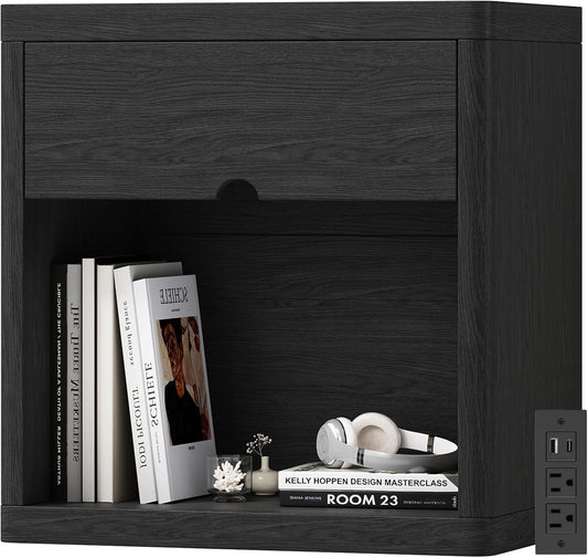 NEGYLIM 24" Wood Nightstand with USB Charging Station, Bedside Table with Safe Rounded Corners & Crescent Handles – Sturdy End Table for Bedroom, Living Room, Nursery (Black, 1-Piece)
