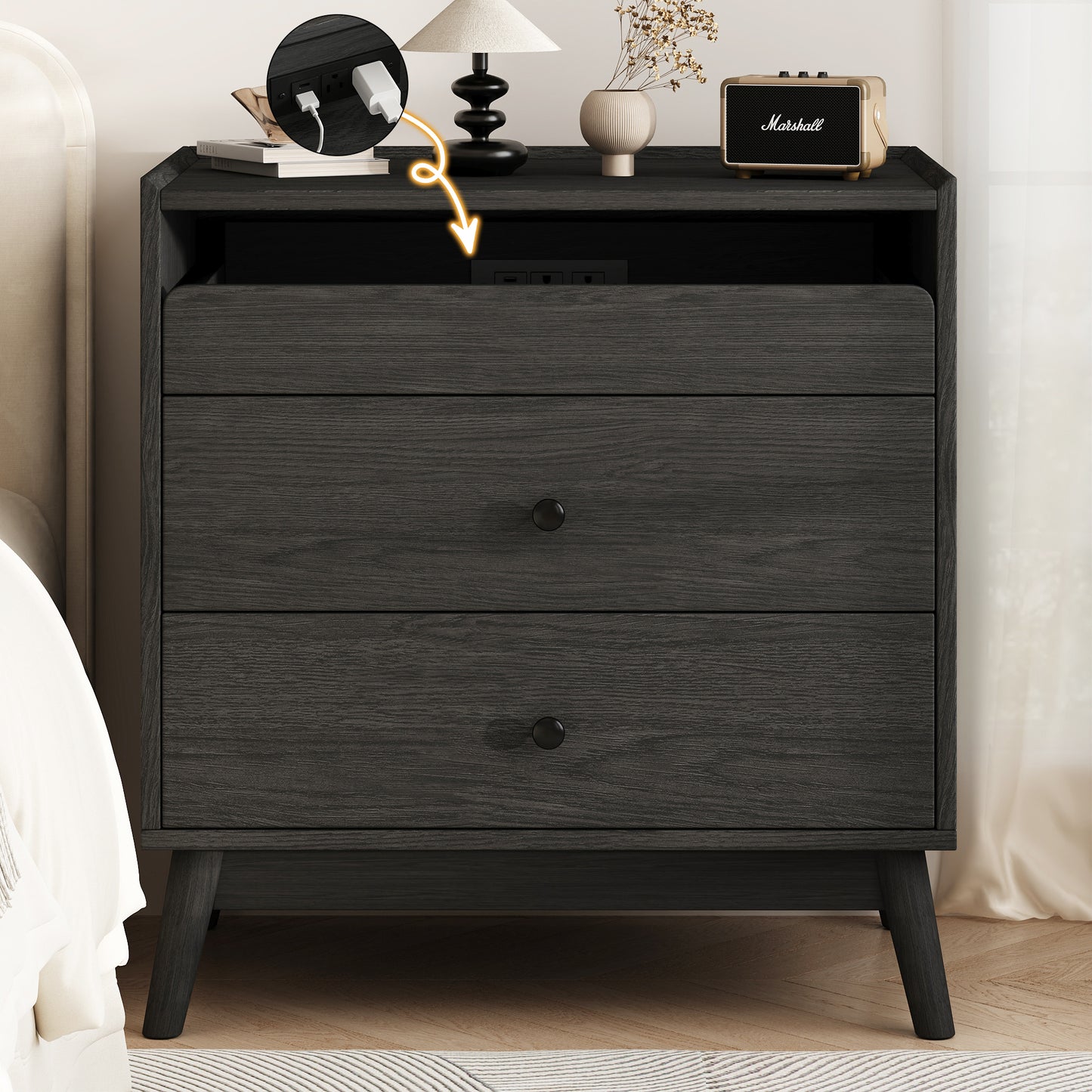 NEGYLIM 3-Drawer Nightstand with Hidden Charging Station, Wood Bedside Table 25" Height x 24" Width, Bedroom Furniture End Table, Black 1-Pcs